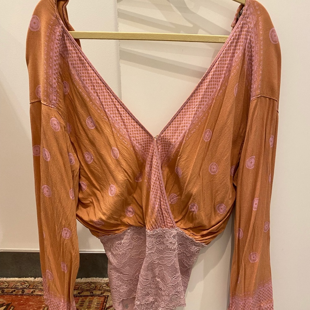 Free People pink & orange longe sleeve bodysuit